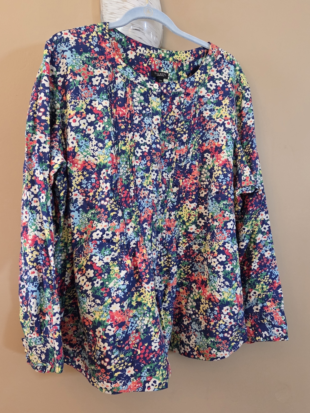 Talbots Navy Floral Pintuck Top with Multicolor Blossoms
